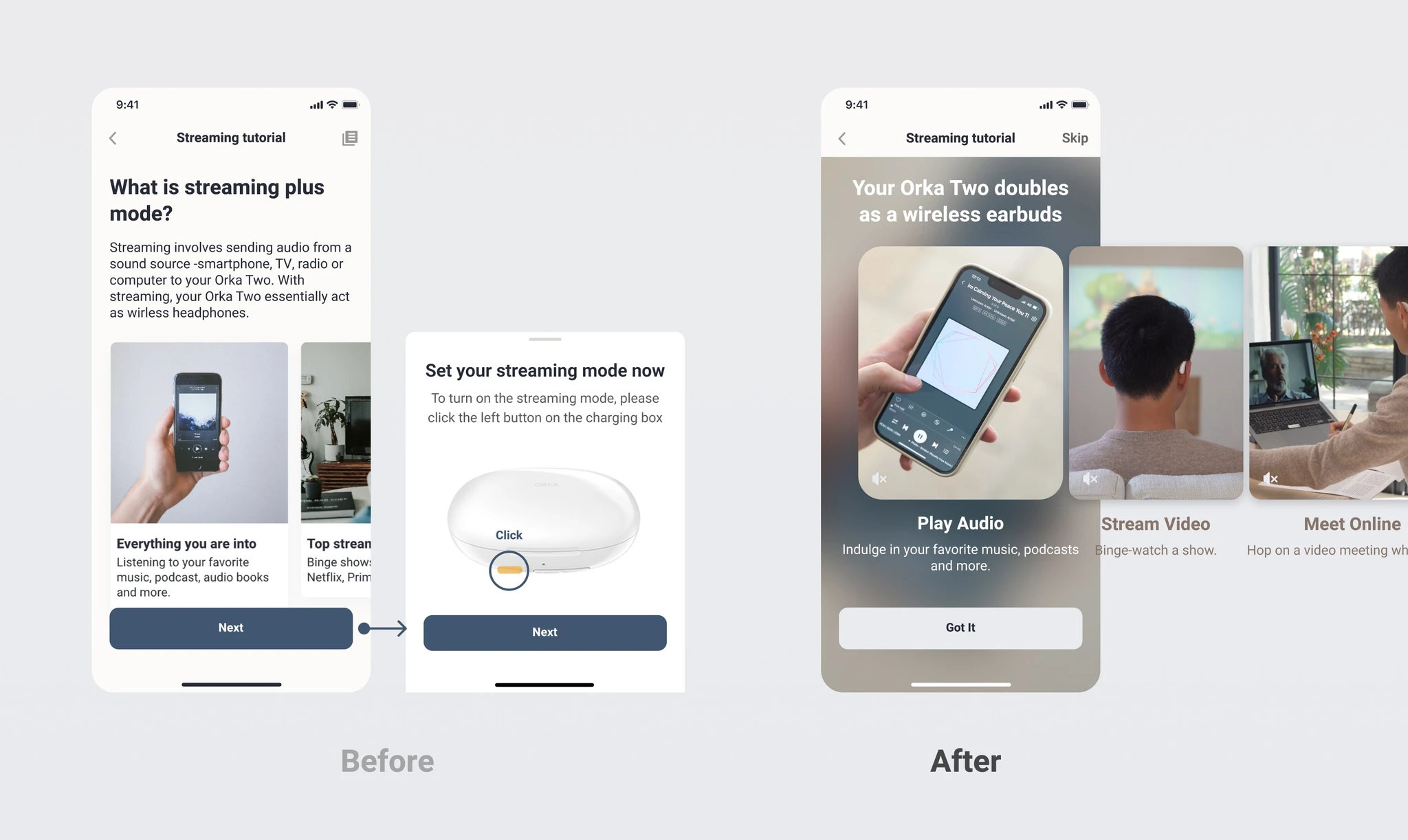Before and after of the streaming tutorial — text-heavy screens replaced with immersive visual cards